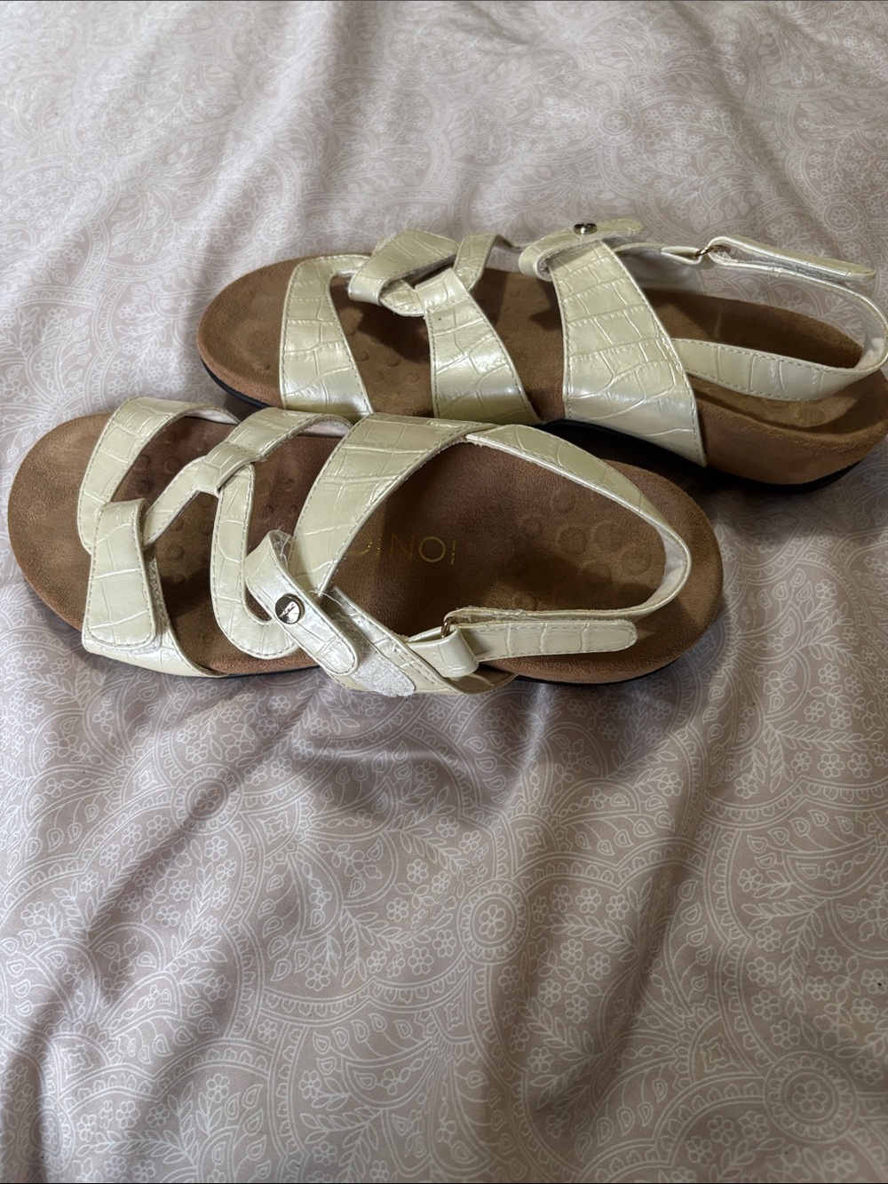 Vionic Cream Croc-Embossed Strappy Comfort Sandals